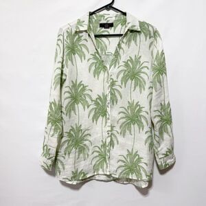 Tahari Top M Linen White Green Palm Tree Button Front Roll Tab Sleeve Lagenlook